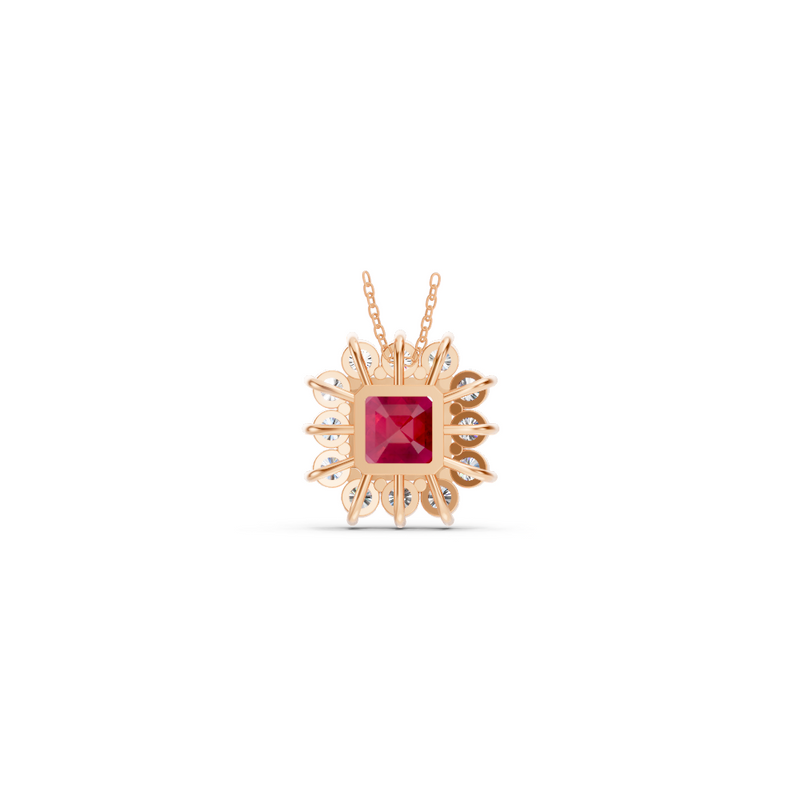 Ruby Asscher Sunburst Diamond Halo Pendant 3