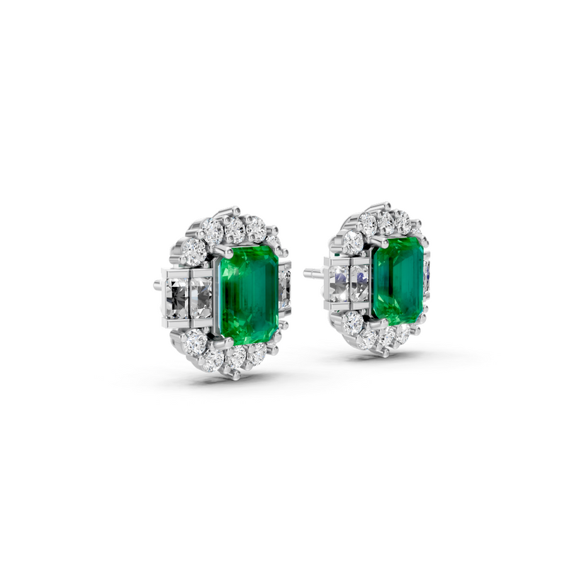 Colombian Emerald Art Deco Baguette & Round Halo Stud Earrings 3