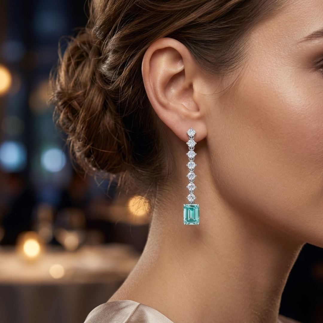 Paraiba Tourmaline Octagonal Drop Earrings with Diamond Tennis Chain