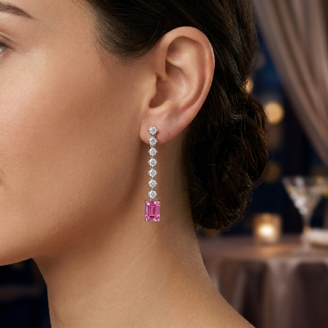Pink Sapphire Octagonal Drop Earrings with Diamond Tennis Chain
