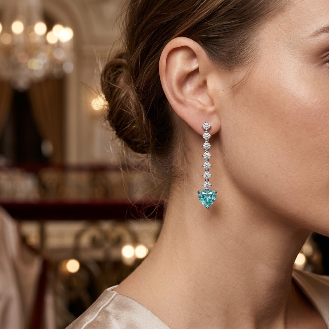 Paraiba Tourmaline Heart Drop Earrings with Diamond Tennis Chain