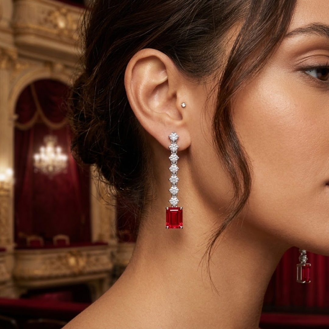 Ruby Octagonal Drop Earrings with Diamond Tennis Chain