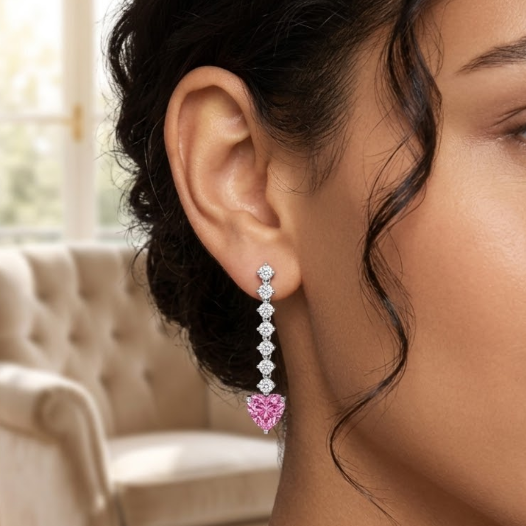 Pink Sapphire Ruby Heart Drop Earrings with Diamond Tennis Chain