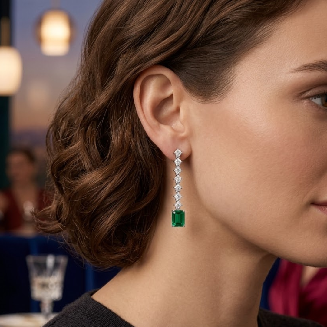 Colombian Emerald Octagon Drop Earrings with Diamond Tennis Chain