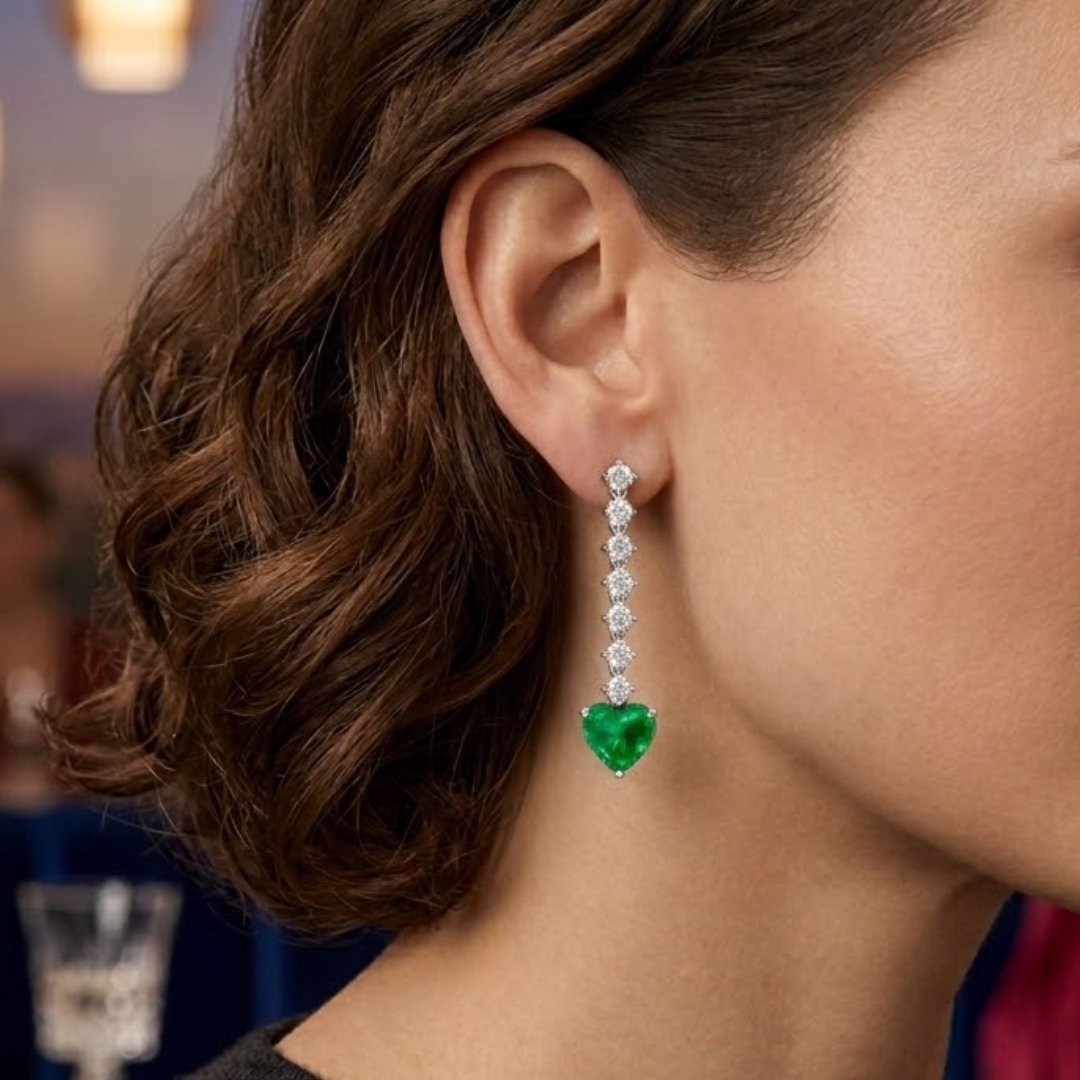 Colombian Emerald Ruby Heart Drop Earrings with Diamond Tennis Chain