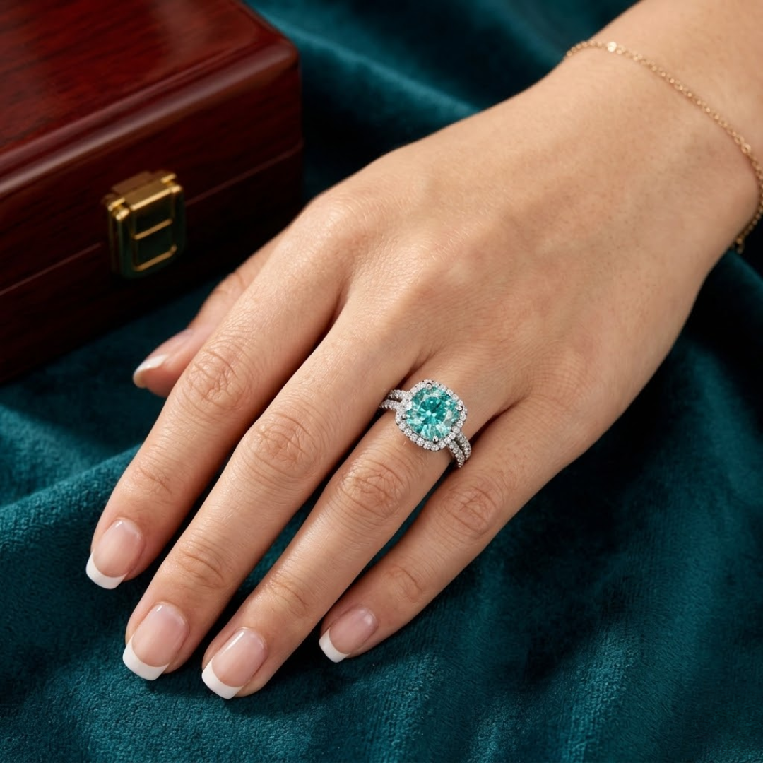 Paraiba Tourmaline Cushion Halo Ring with Pave Band