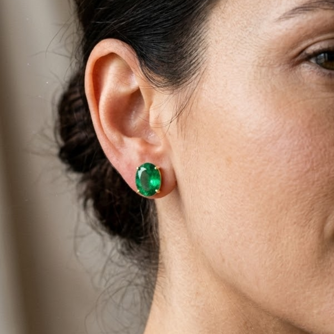 Colombian emerald Diamond Oval Solitaire Stud Earrings