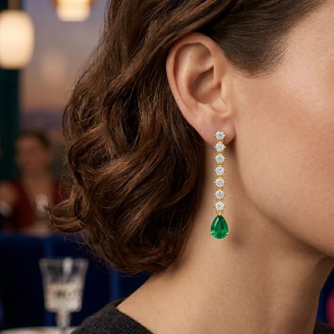Colombian Emerald  Pear Drop Earrings with Diamond Tennis Chain
