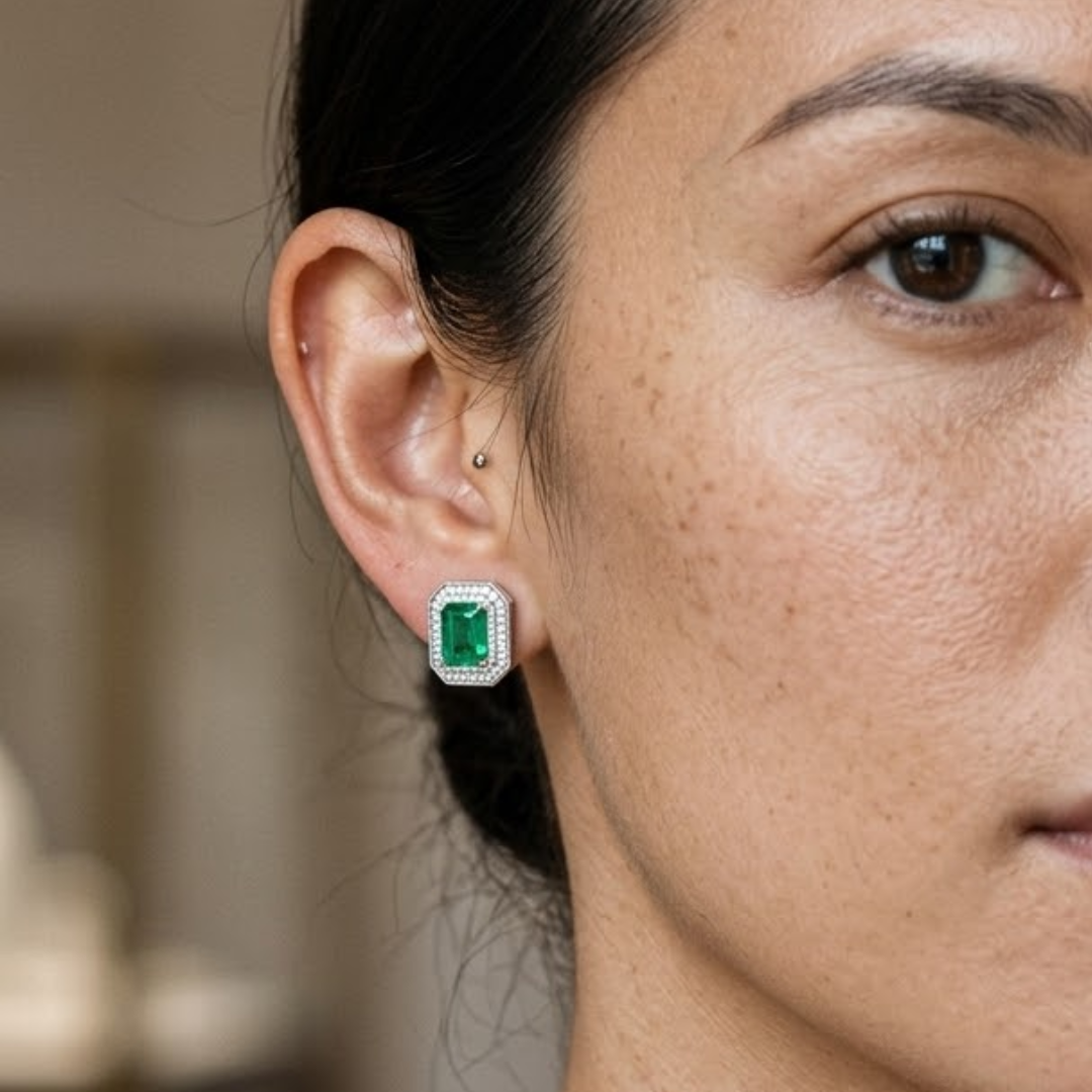 Colombian Emerald  Octagonal Double Halo Milgrain Stud Earrings