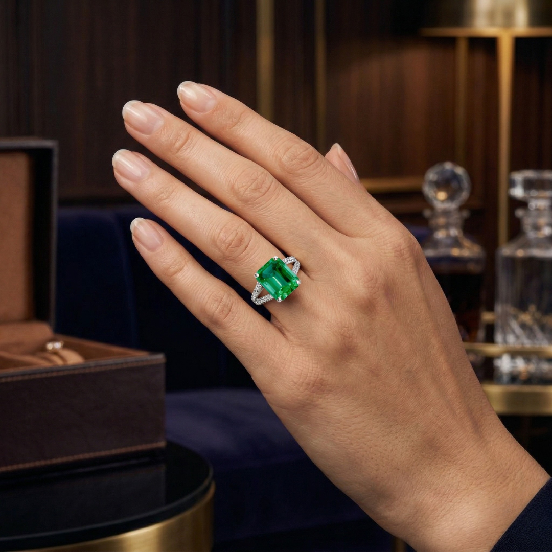 Colombian Emerald Cut Ring with Diamond Pavé Band