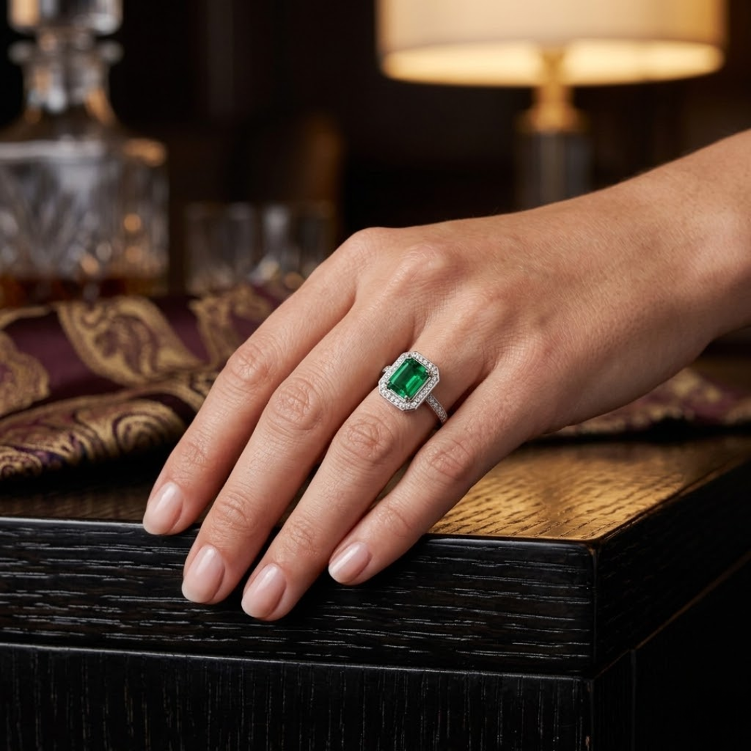 Colombian Emerald-Cut Halo Ring with Diamond Pavé Band