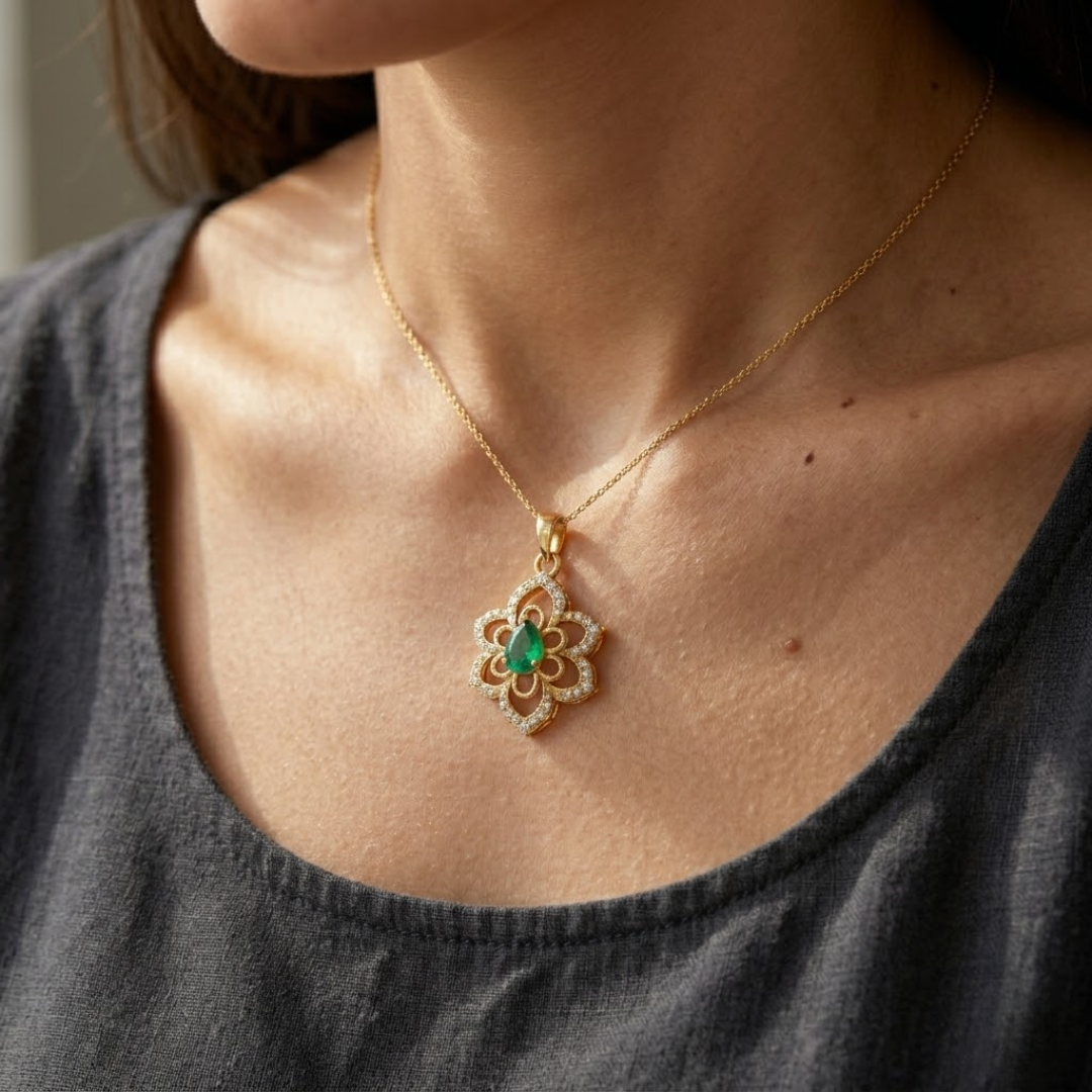 Colombian Emerald Pear Floral Diamond Pendant
