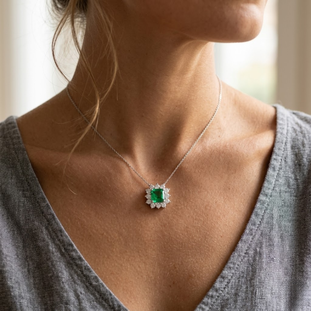 Colombian Emerald Asscher Sunburst Diamond Halo Pendant