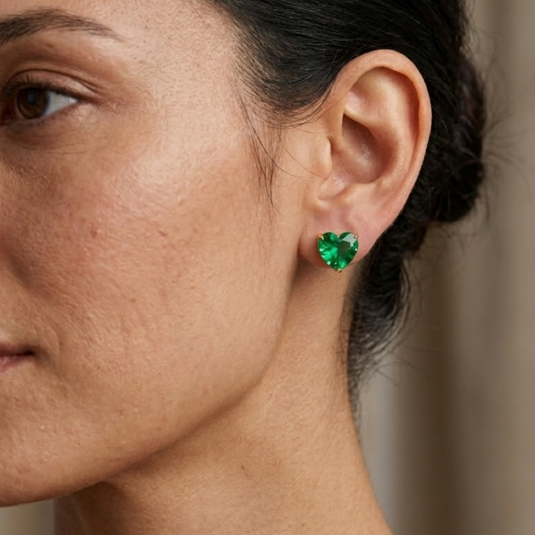 Colombian Emerald  Heart Solitaire Stud Earrings