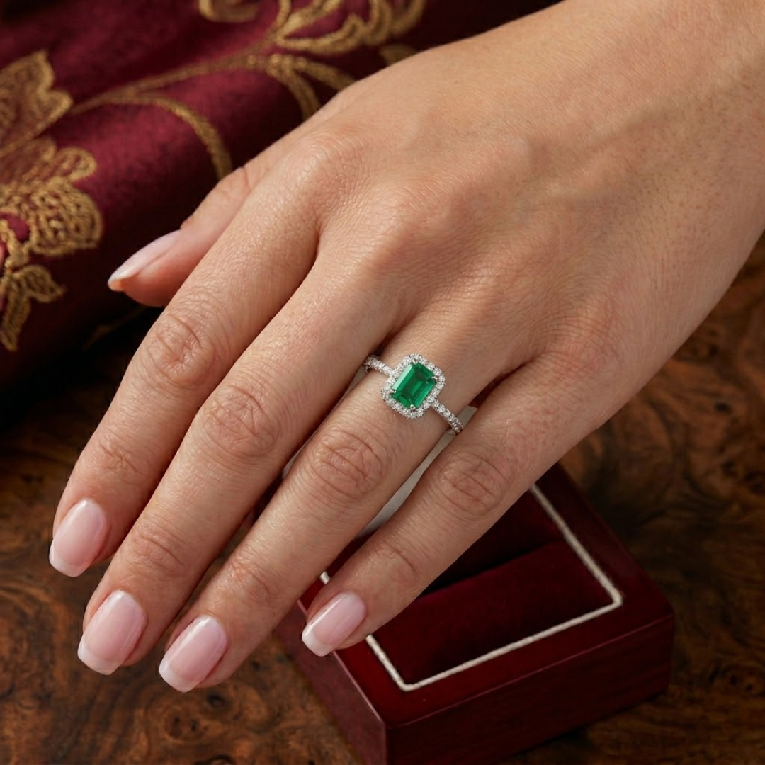 Colombian Emerald Cut Halo Ring
