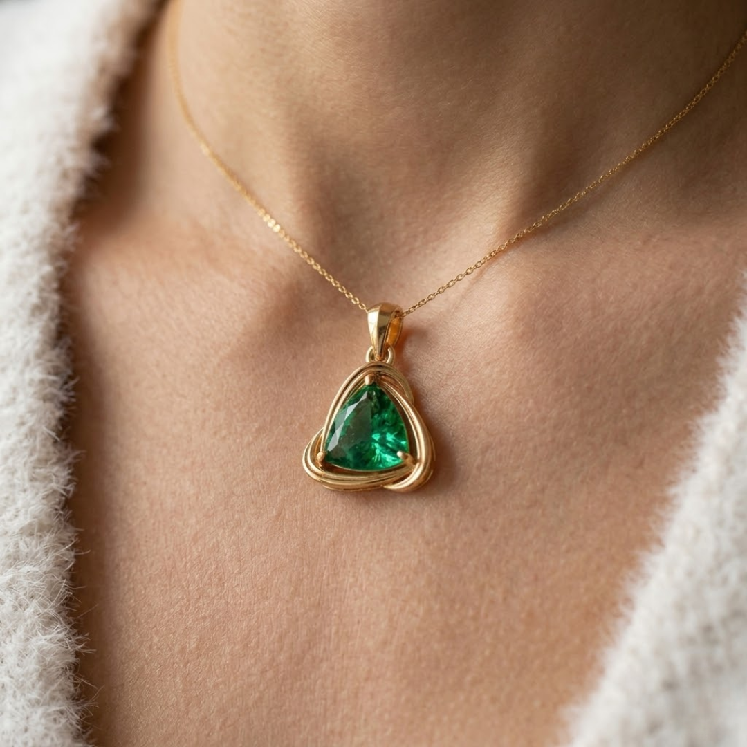 Colombian Emerald Trillion Solitaire Swirl Pendant