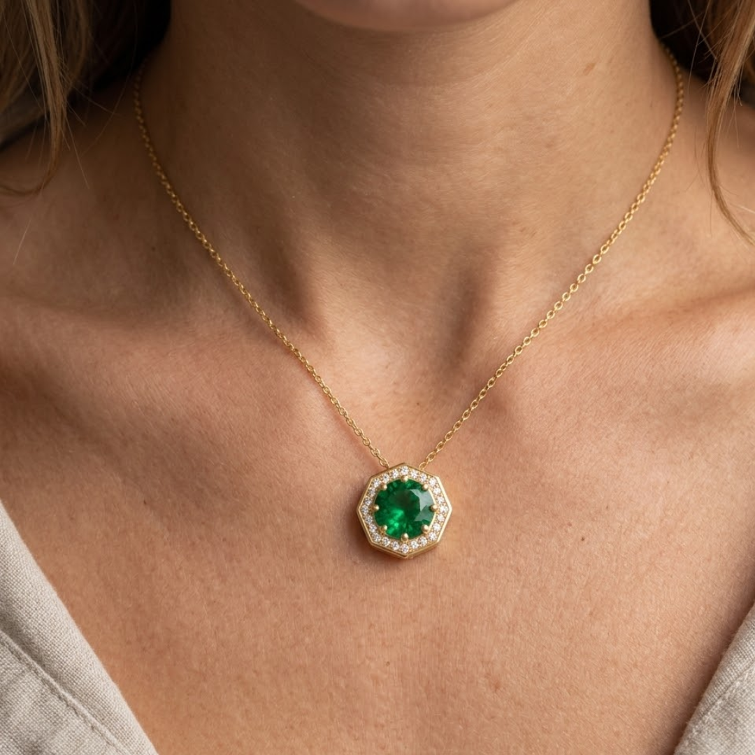 Colombian Emerald Round Octagonal Halo Pendant