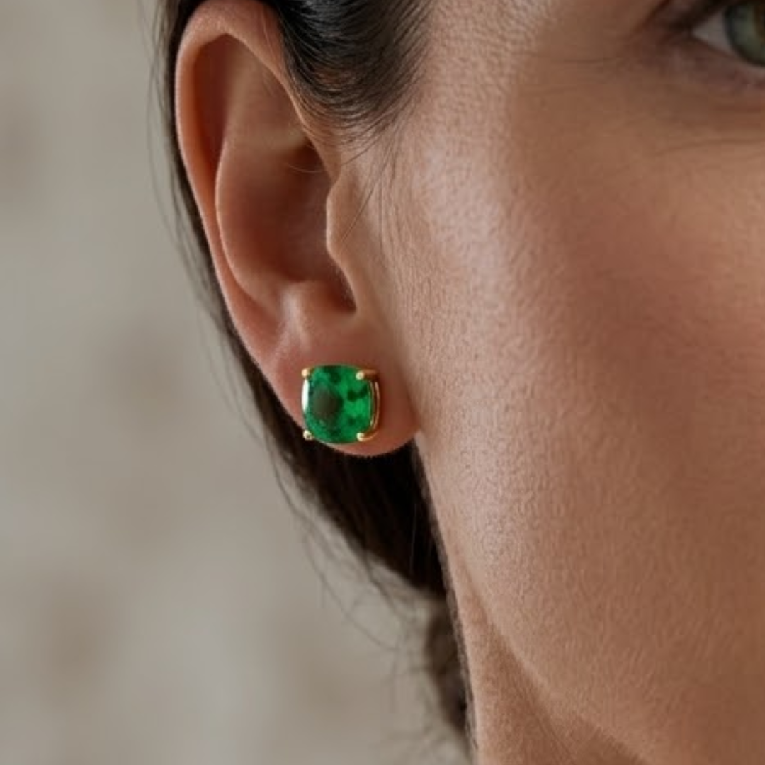 Colombian Emerald Cushion Stud Earrings