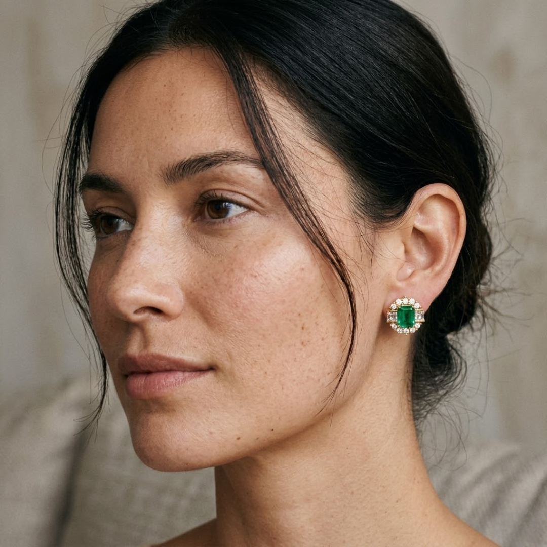 Colombian Emerald Art Deco Baguette & Round Halo Stud Earrings