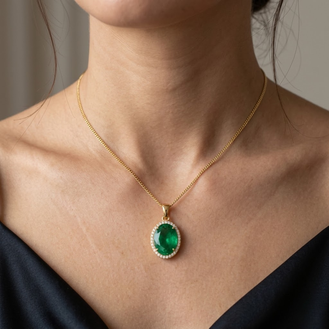 Colombian Emerald Oval Halo Pendant