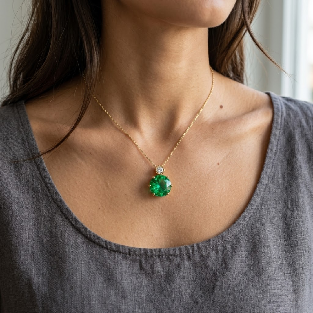 Colombian Emerald Round Pendant with Diamond Accent