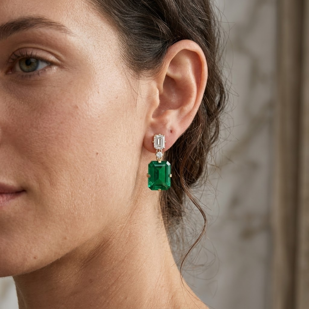 Colombian Emerald & Diamond Octagonal Drop Earrings