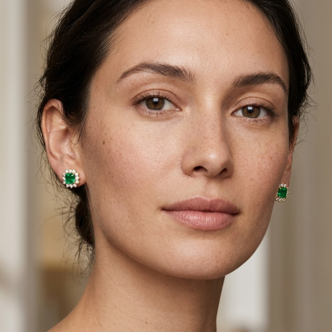 Colombian Emerald Ruby Asscher Cut Sunburst Halo Stud Earrings