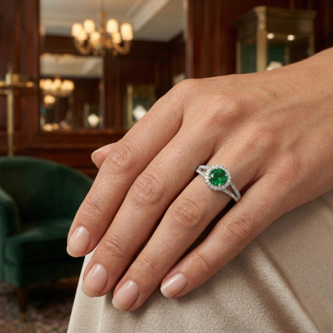Colombian Emerald Round Halo Ring with Diamond Pavé Split Band