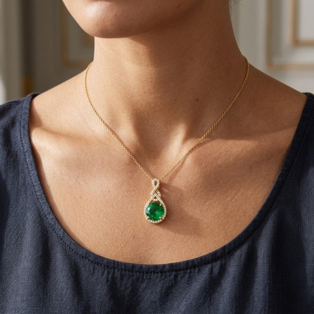 Colombian Emerald Round Pendant with Diamond Infinity Bail