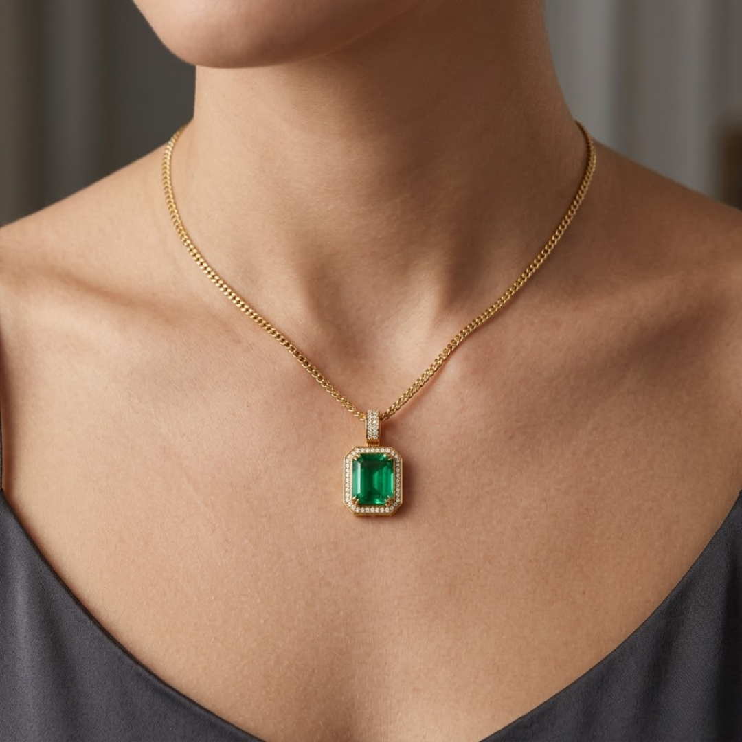 Colombian Emerald Octagonal Halo Pendant with Diamond Pavé Bail