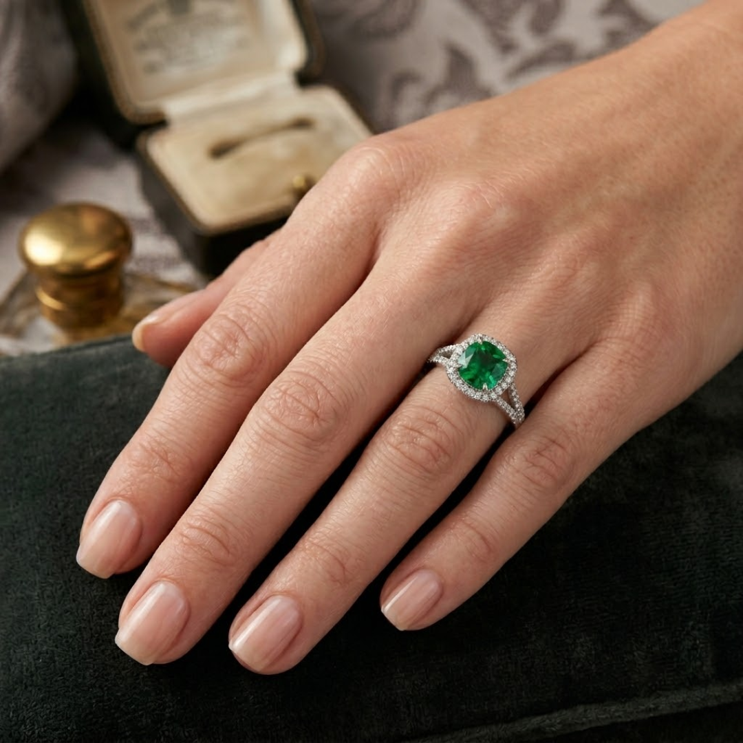 Colombian Emerald Cushion Halo Ring