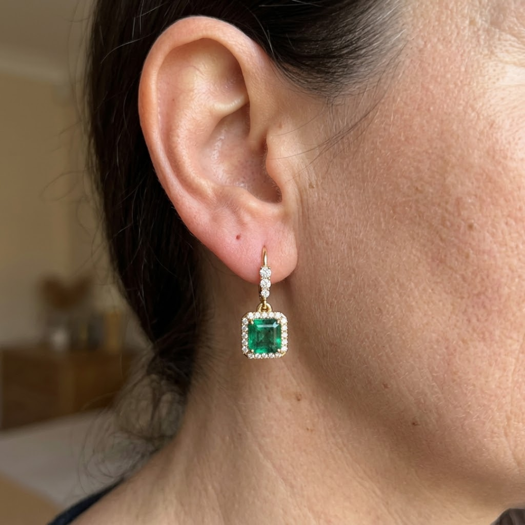Colombian Emerald Asscher Halo French Hook Drop Earrings