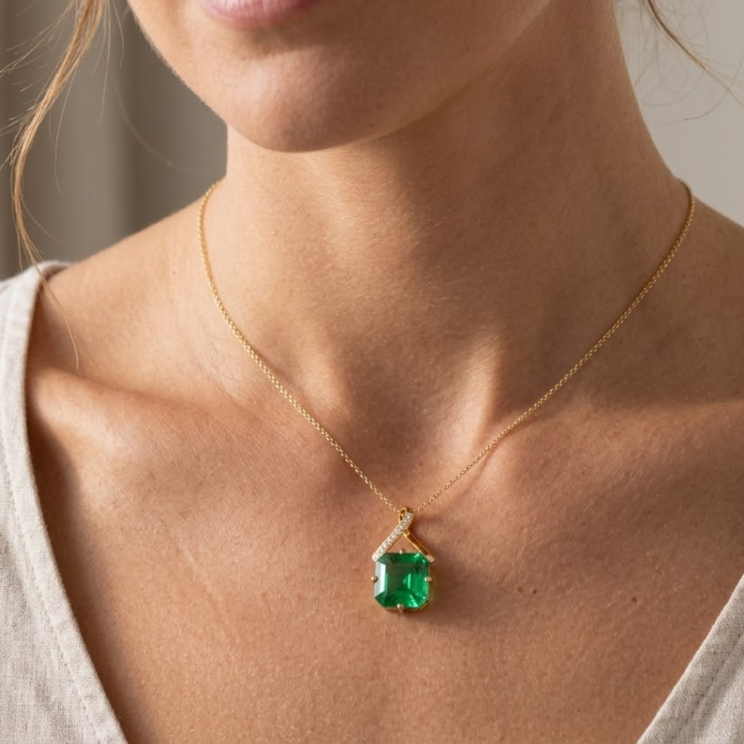 Colombian Emerald Asscher Solitaire Pendant with Diamond Crossover Bail