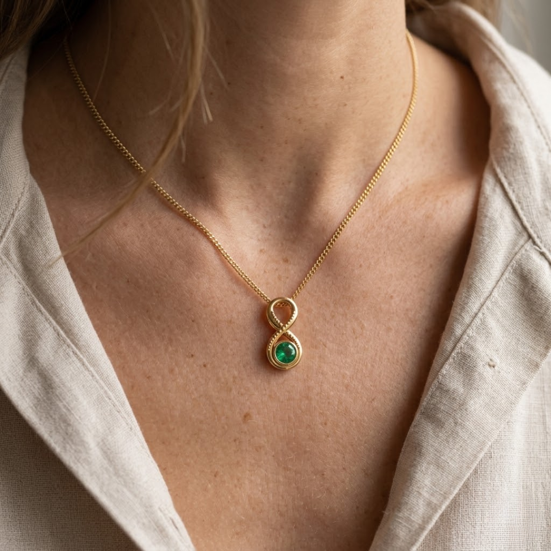 Colombian Emerald Round Infinity Bezel Pendant