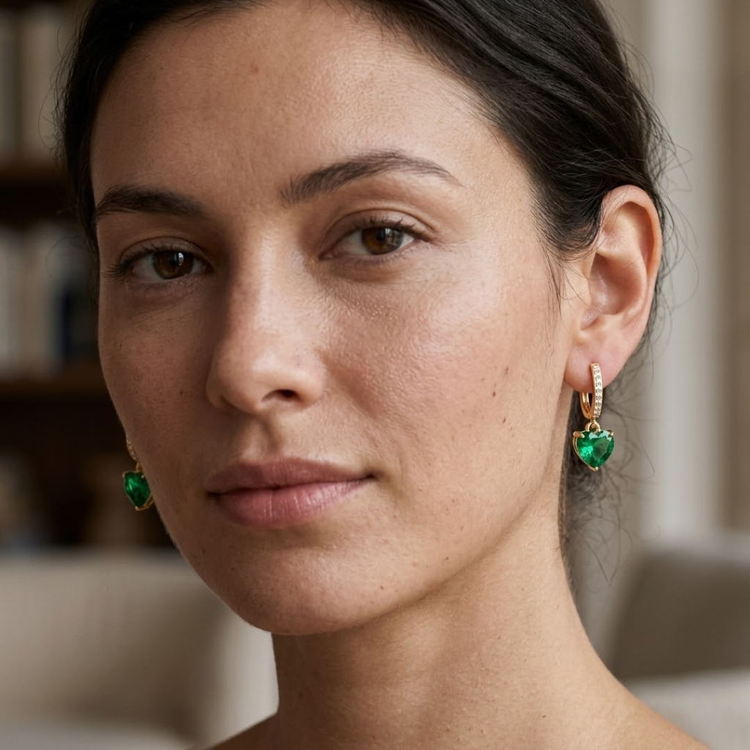 Colombian Emerald Ruby Heart Drop Huggie Earrings