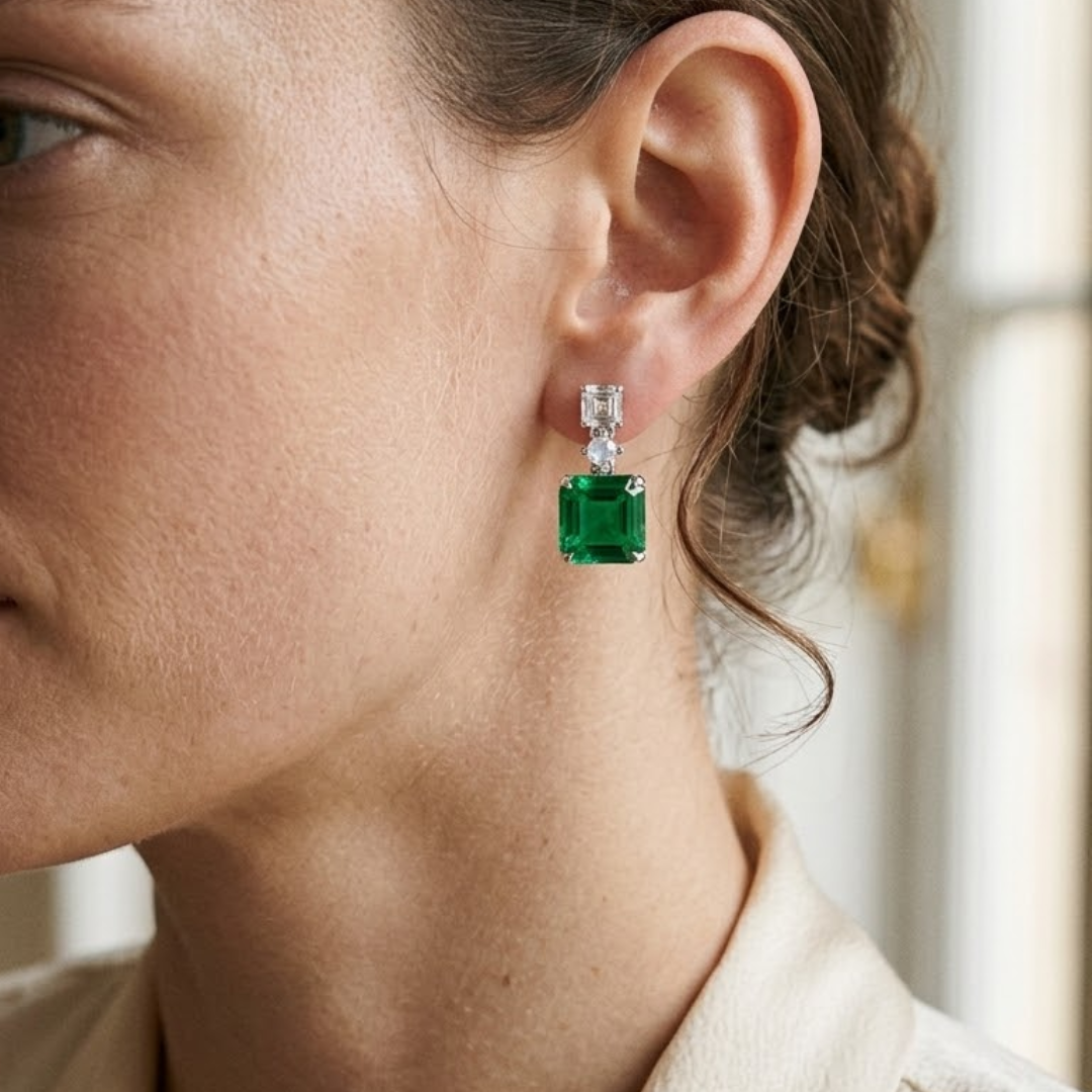 Colombian Emerald & Diamond Three-Stone Drop Earrings