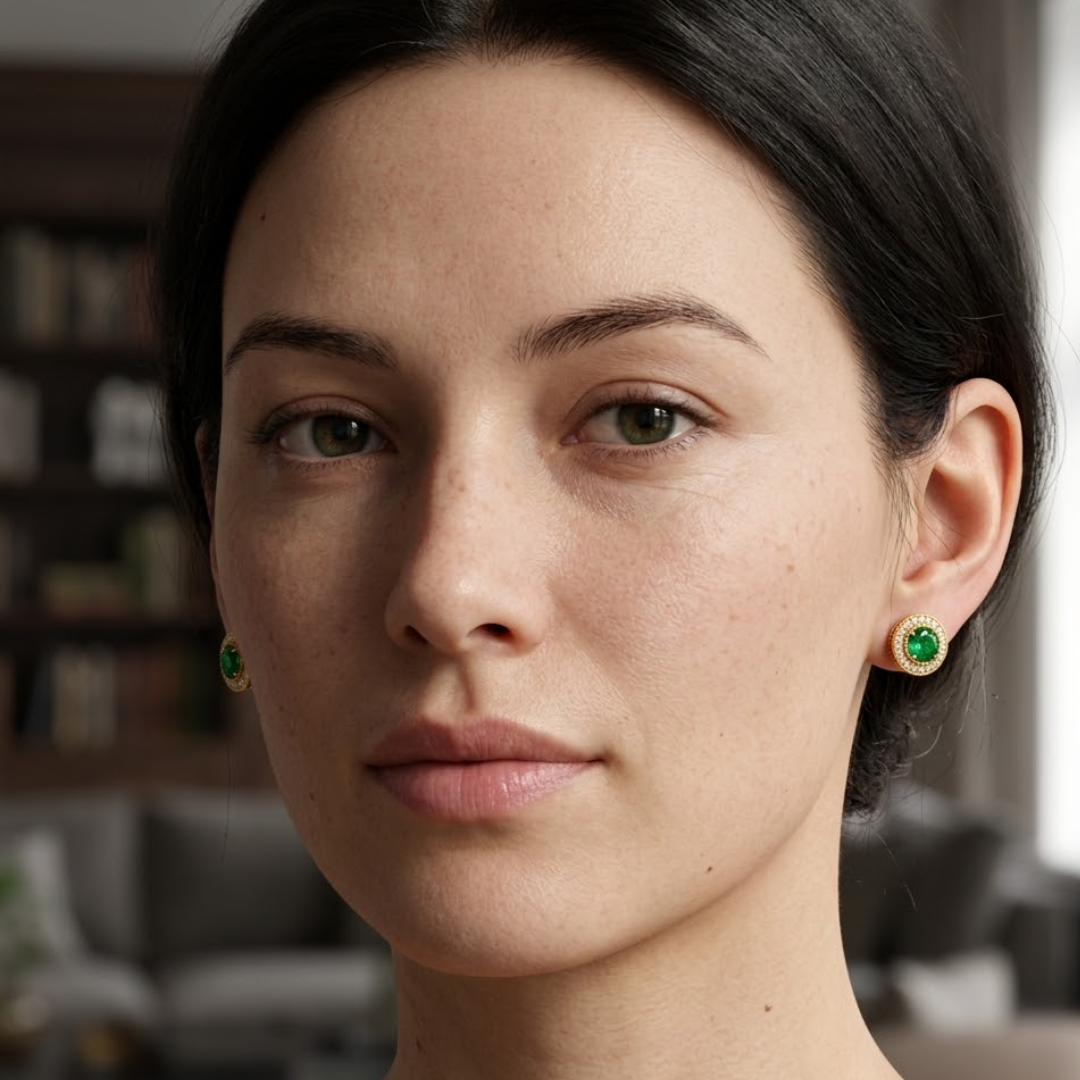 Colombian Emerald  Round Double Halo Milgrain Stud Earrings