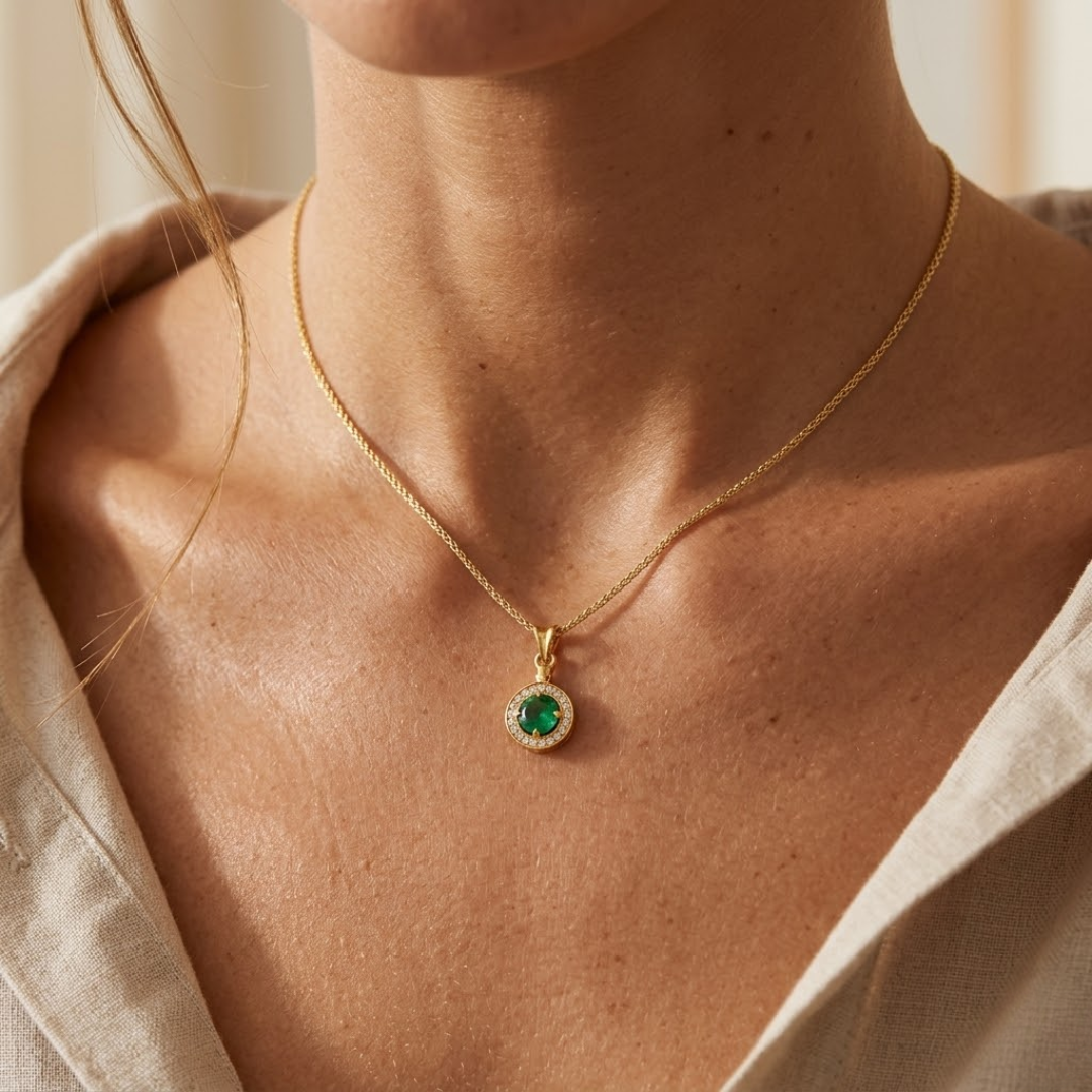 Colombian Emerald Round Halo Pendant