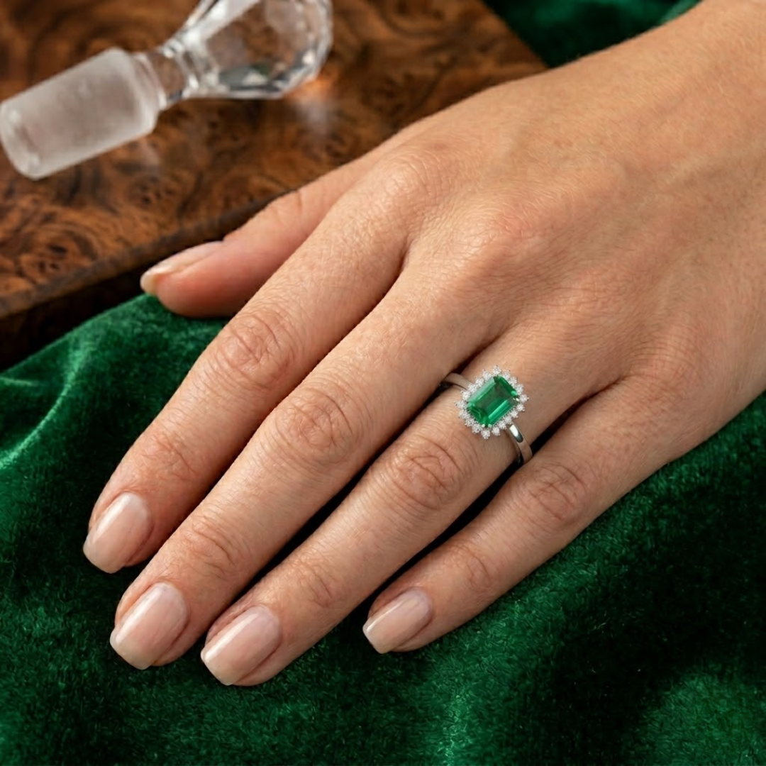 Colombian Emerald Cut Halo Ring