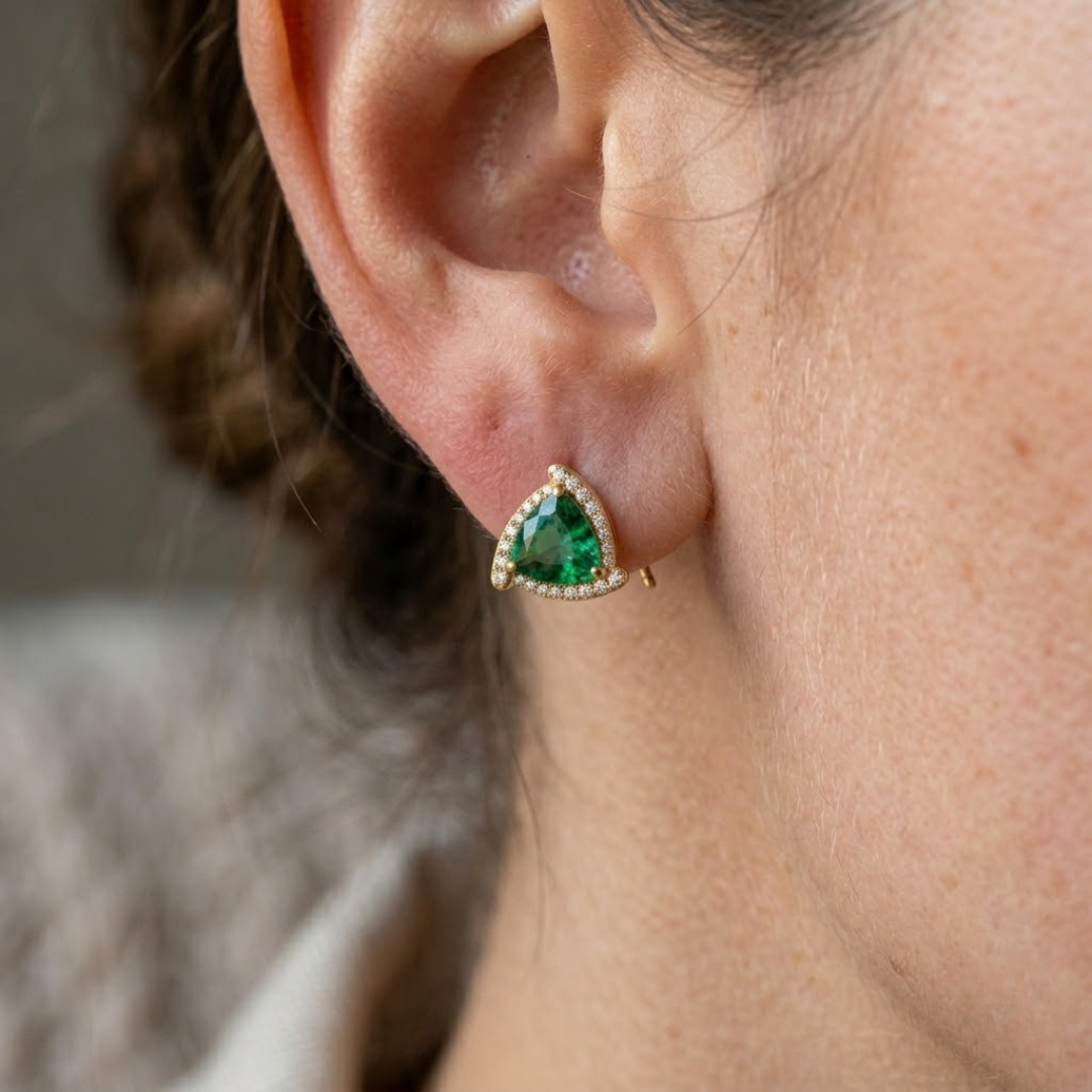 Colombian Emerald Trillion Halo Stud Earrings