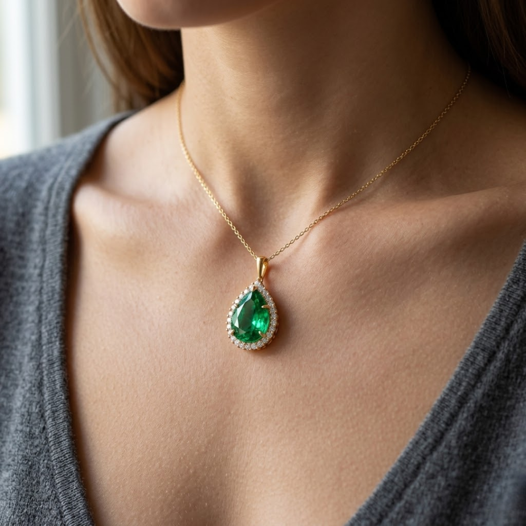 Colombian Emerald Pear Halo Pendant