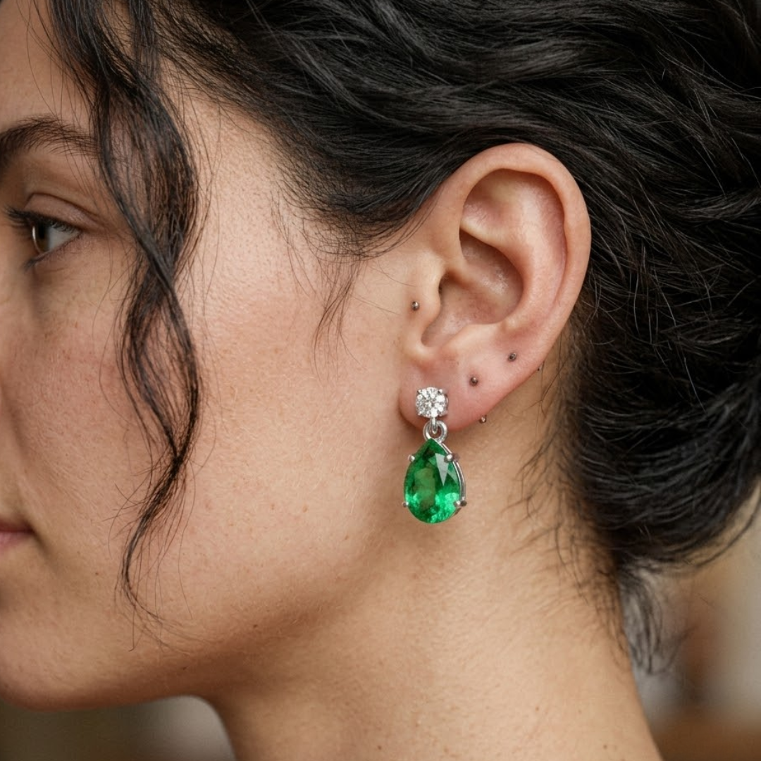 Colombian Emerald Pear & Diamond Round Two-Stone Drop Earrings