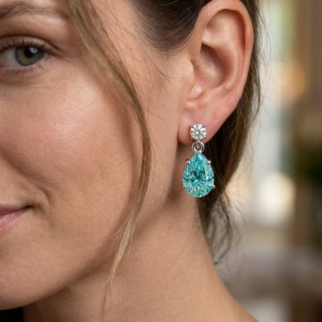Paraiba Tourmaline Pear & Diamond Round Two-Stone Drop Earrings
