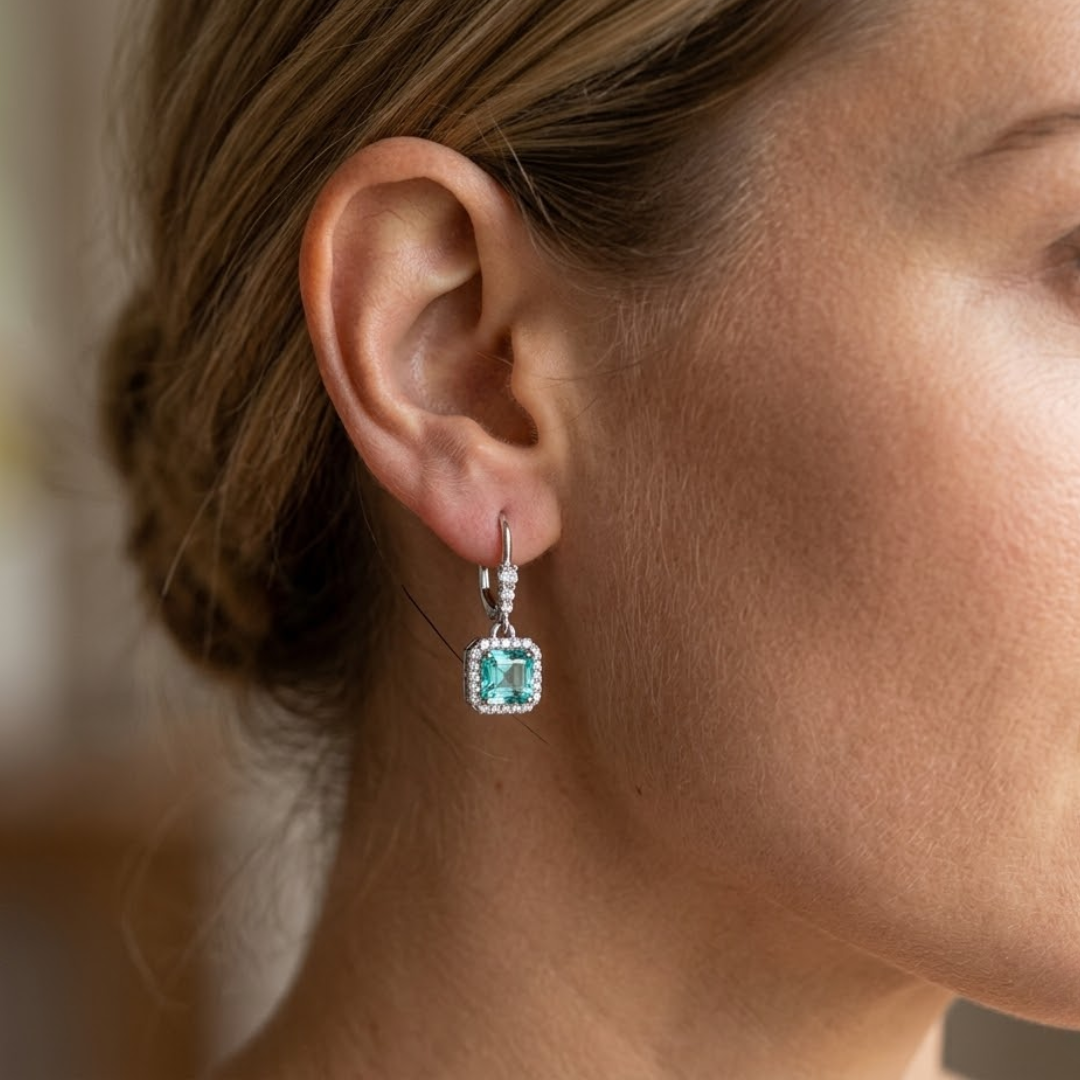 Paraiba Tourmaline Asscher Halo French Hook Drop Earrings