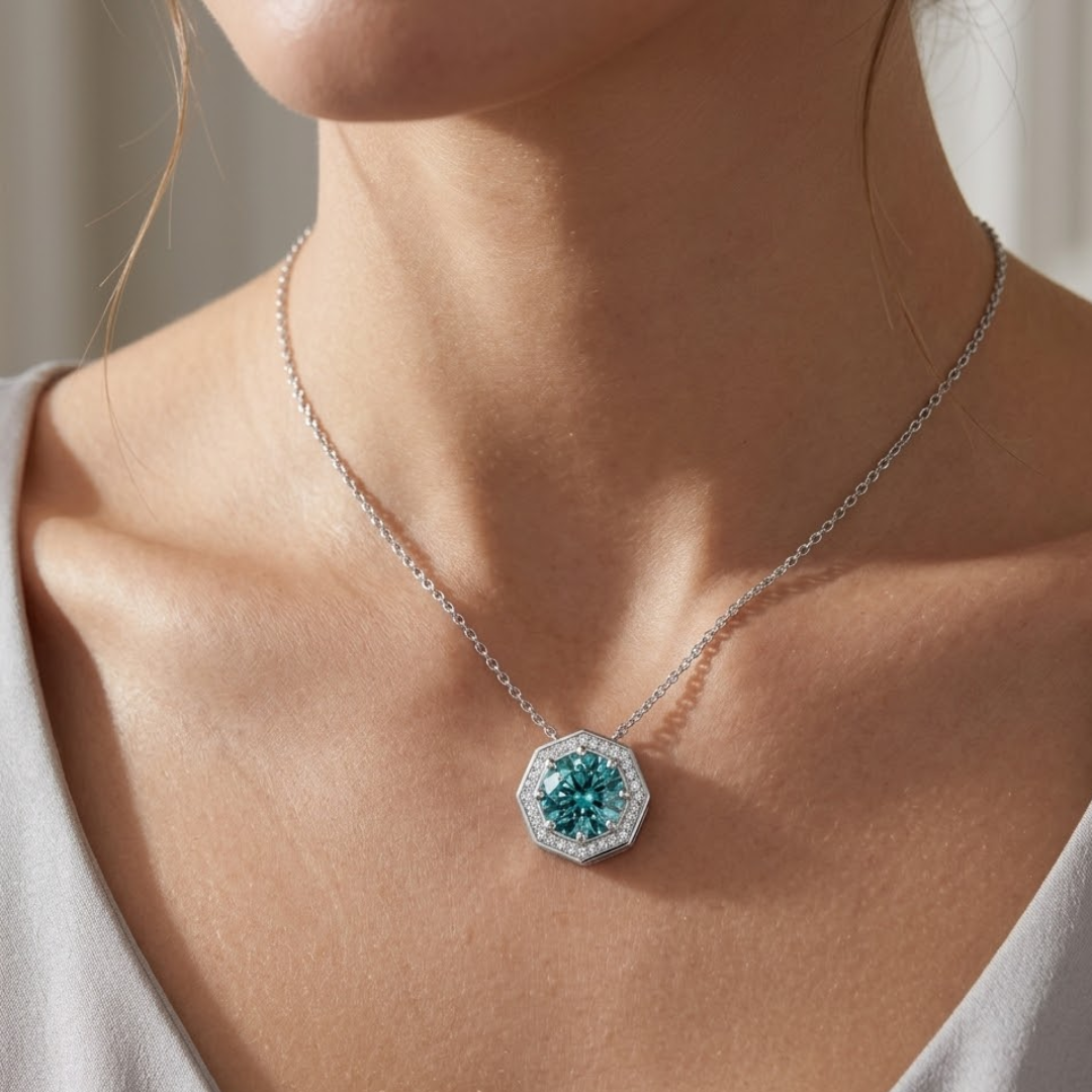 Paraiba Tourmaline Round Octagonal Halo Pendant