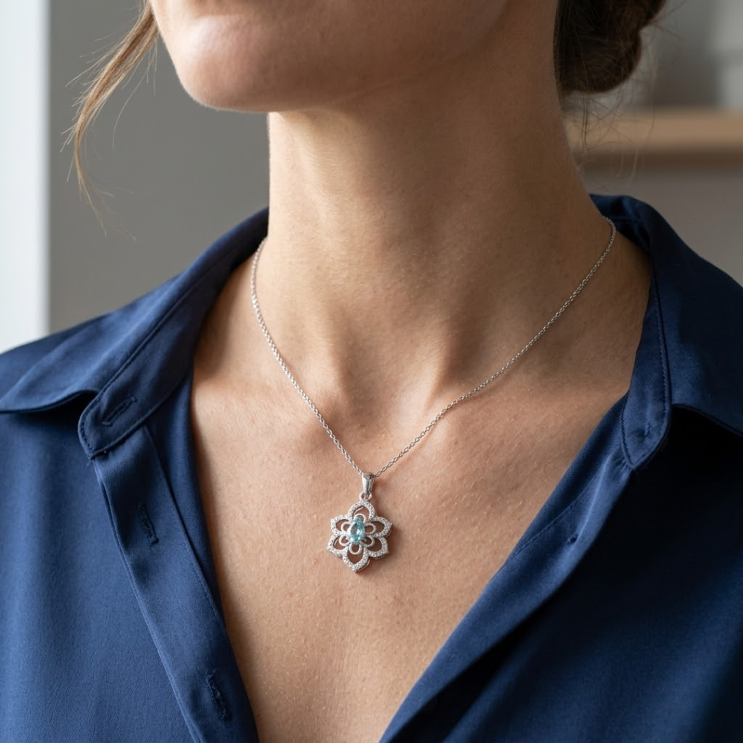 Paraiba Tourmaline Pear Floral Diamond Pendant