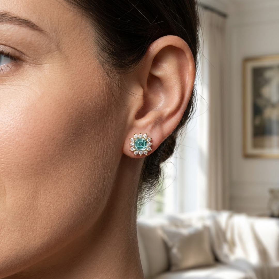 Paraiba Tourmaline Ruby Asscher Cut Sunburst Halo Stud Earrings