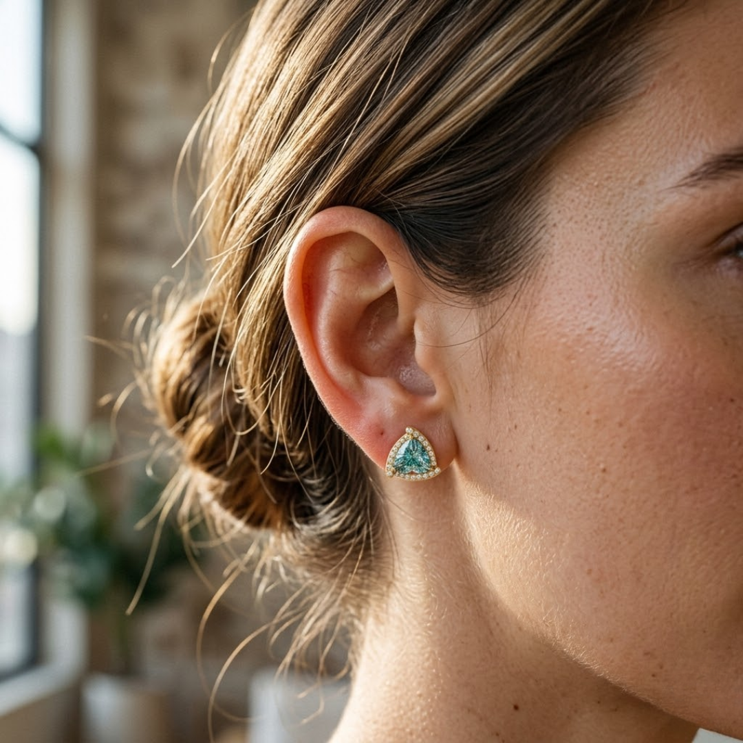 Paraiba Tourmaline Trillion Halo Stud Earrings
