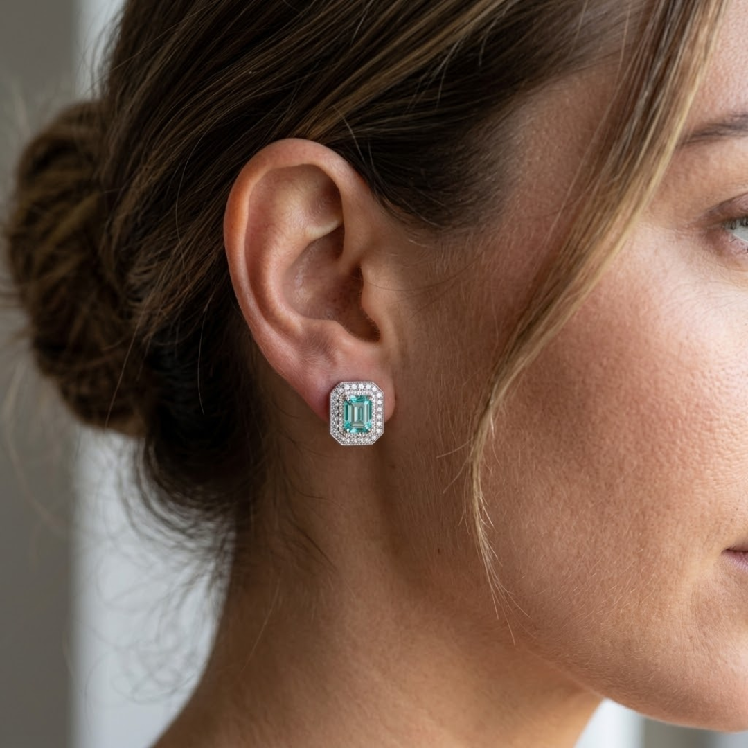 Paraiba Tourmaline Octagonal Double Halo Milgrain Stud Earrings
