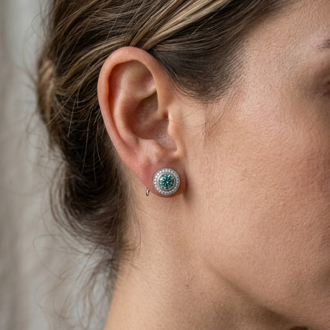 Paraiba Tourmaline Round Double Halo Milgrain Stud Earrings